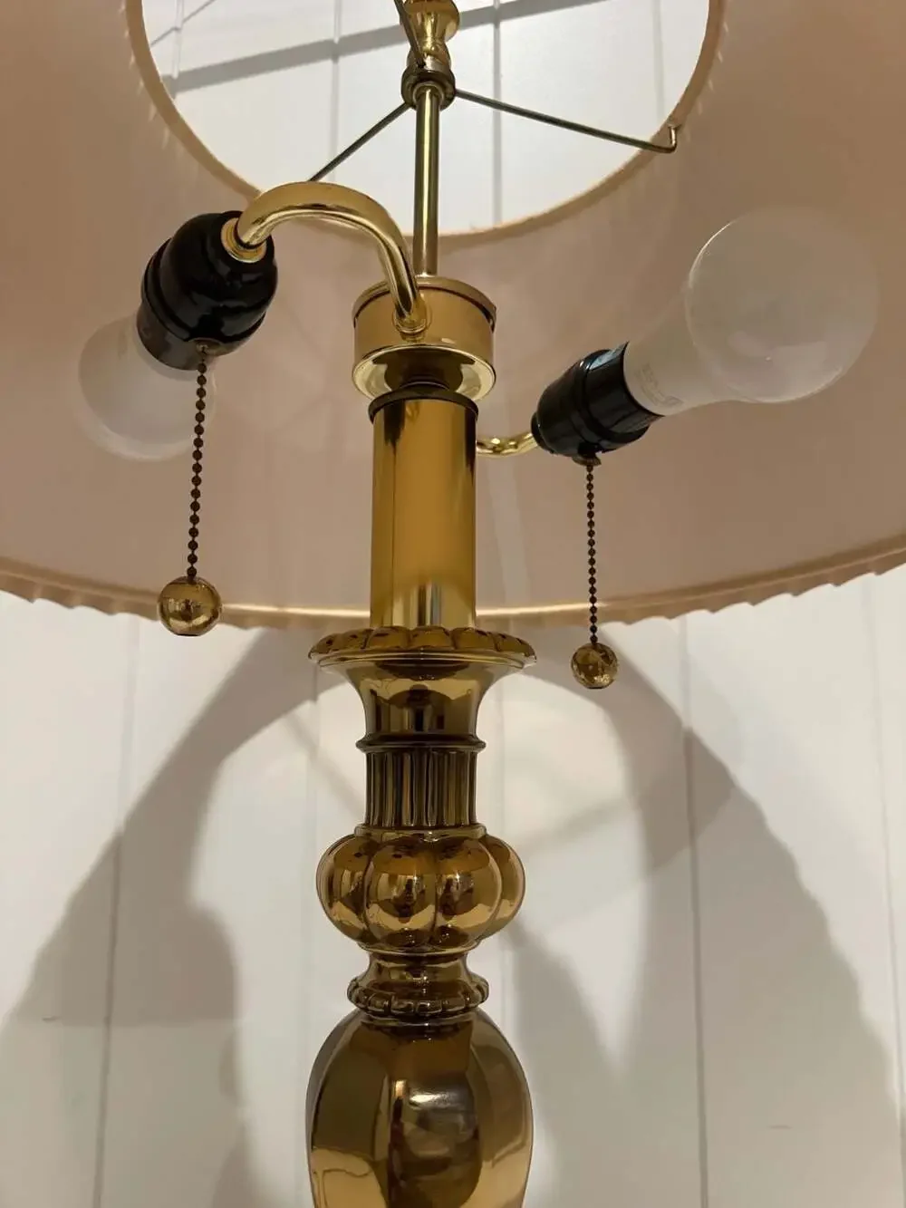 Vintage Brass Table Lamp with Accordion Pleated Shade and Double Pull Chain